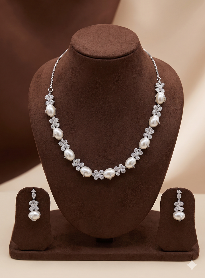White Pearl Necklace Set – Elegant CZ Floral Jewellery | SHOBITAM