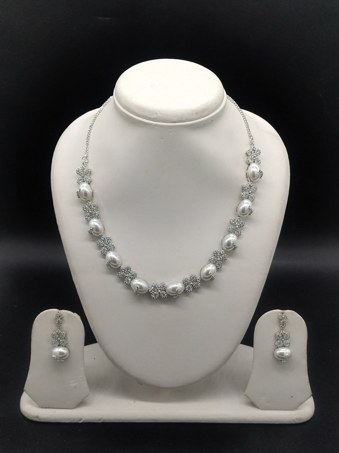 White Pearl Necklace Set – Elegant CZ Floral Jewellery | SHOBITAM