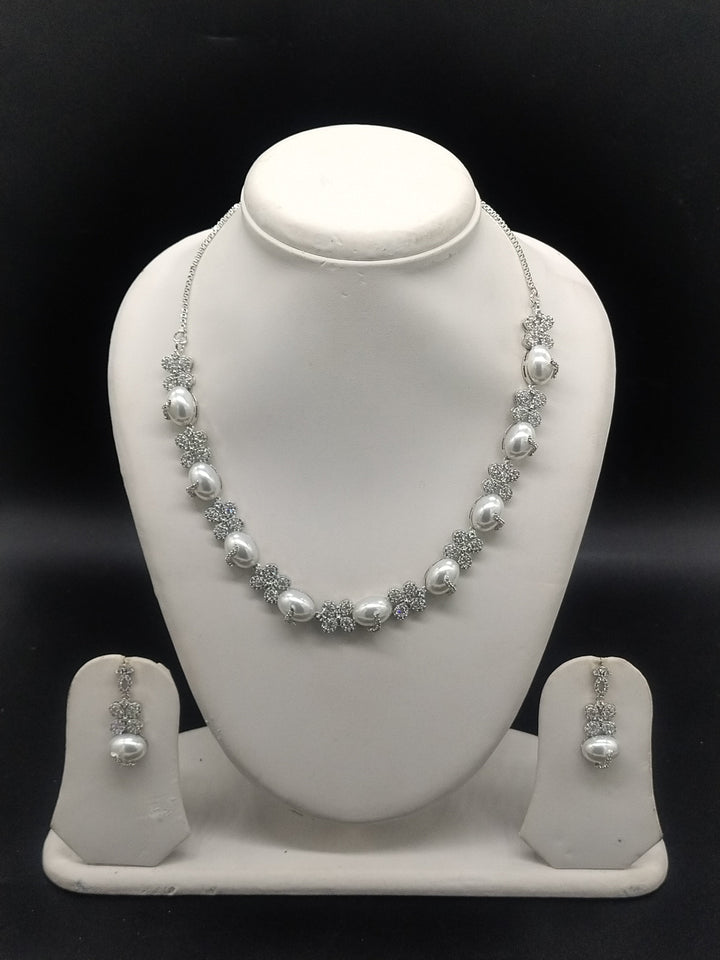 White Pearl Necklace Set – Elegant CZ Floral Jewellery | SHOBITAM