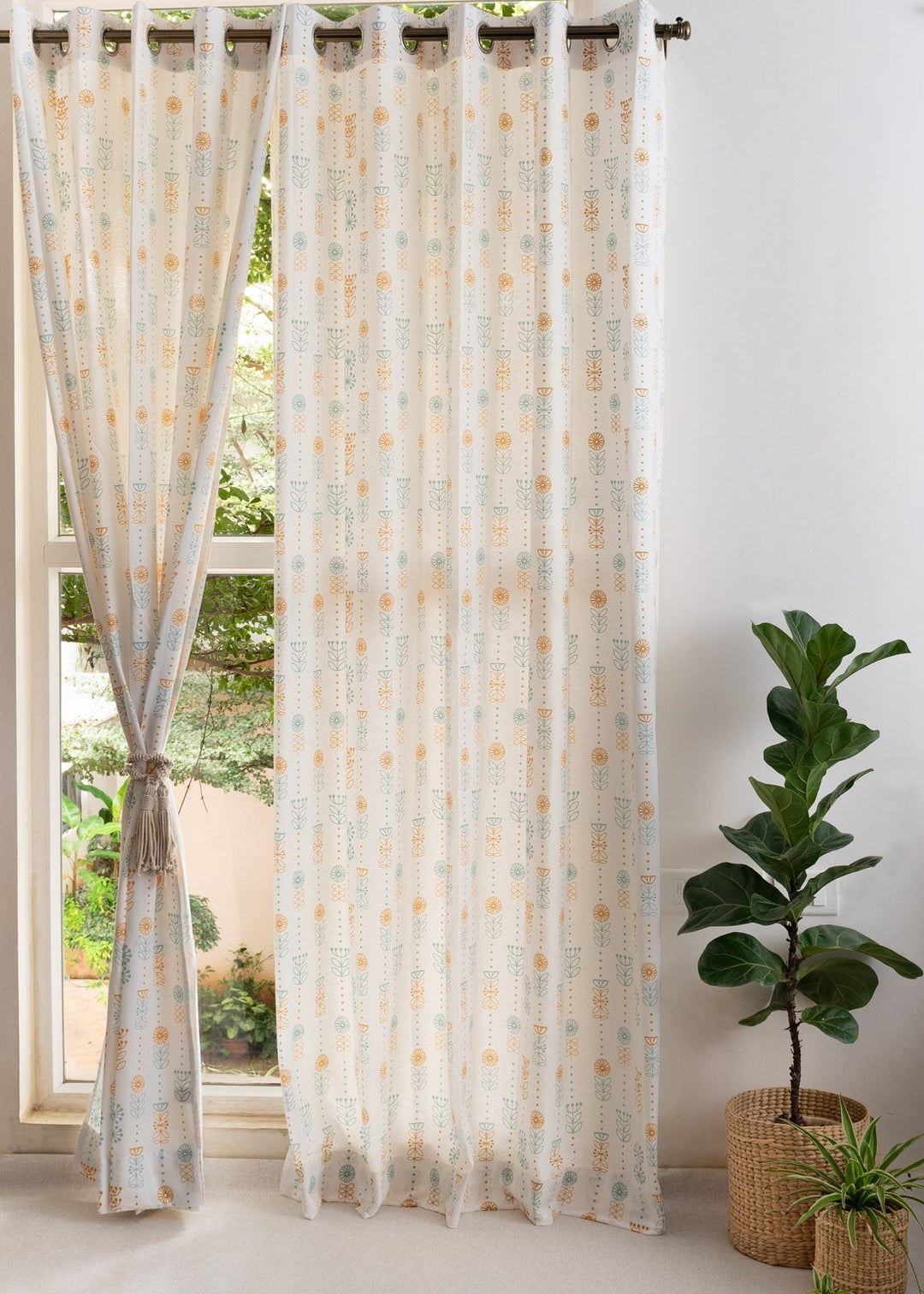 Wild Bouquet 100% cotton floral curtain for Living room & bed room - Light Reduction - Yellow - Single Piece | SHOBITAM