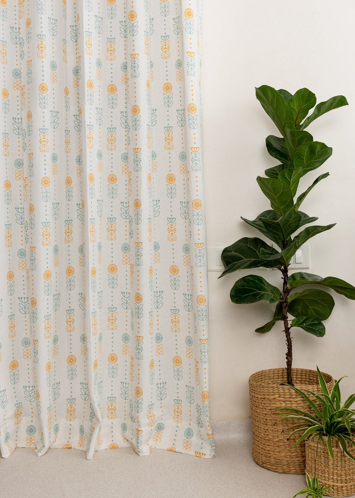 Wild Bouquet 100% cotton floral curtain for Living room & bed room - Light Reduction - Yellow - Single Piece | SHOBITAM