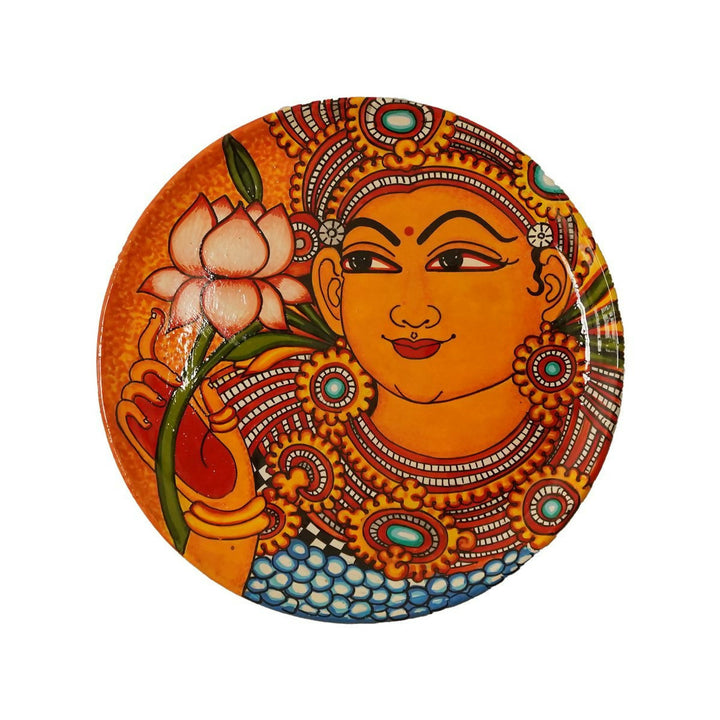 12" Kerala Mural  Handpainted Lady with Lotus Wooden Wall Plate | SHOBITAM