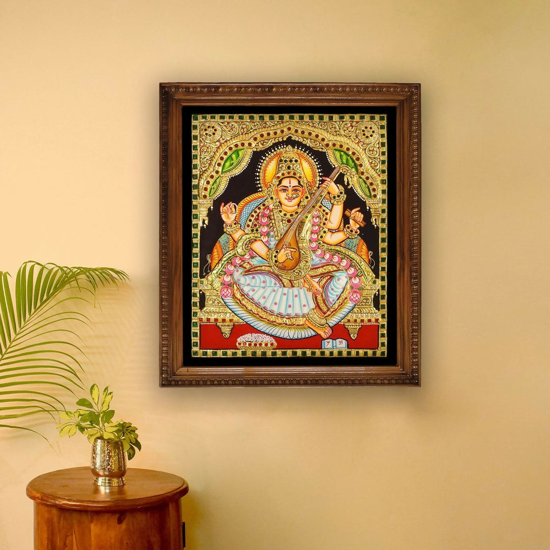 12*15" Authentic Tanjore painting of Goddess Saraswathi with 22 Ct Gold Foil, Unframed | SHOBITAM
