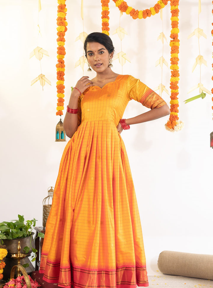 Mustard Yellow with reddish Pink Checkered Gown with zari border | Made To Order