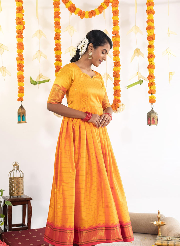 Mustard Yellow with reddish Pink Checkered Gown with zari border | Made To Order