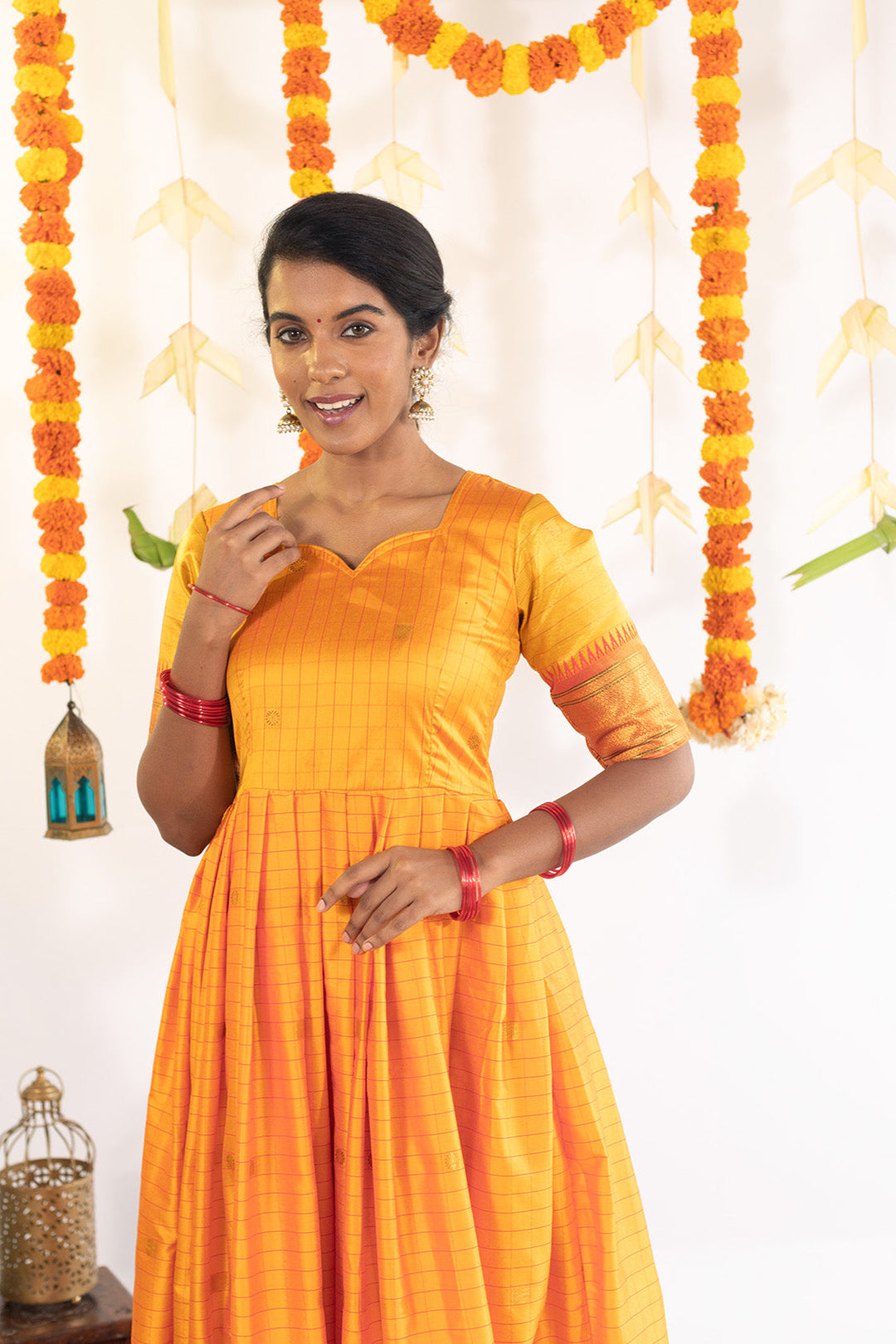 Mustard Yellow with reddish Pink Checkered Gown with zari border | Made To Order