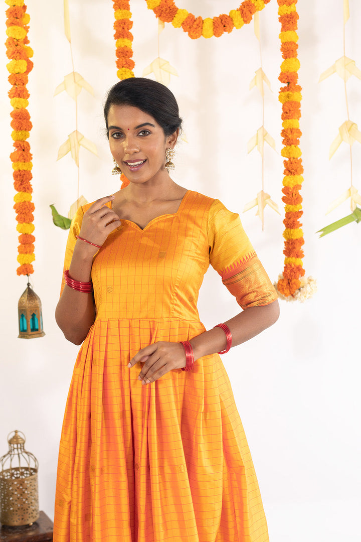 Mustard Yellow with reddish Pink Checkered Gown with zari border | Made To Order