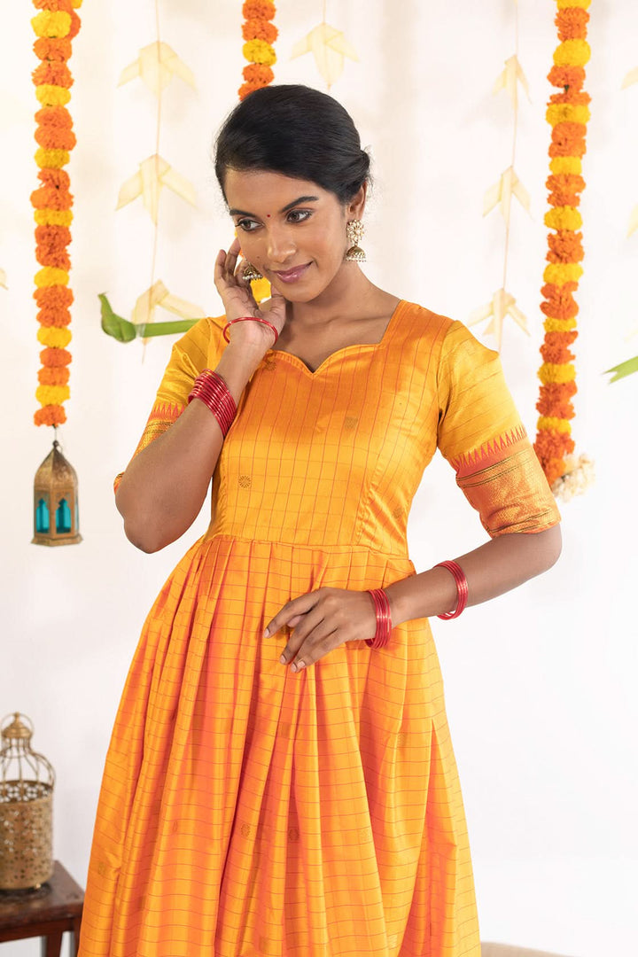 Mustard Yellow with reddish Pink Checkered Gown with zari border | Made To Order