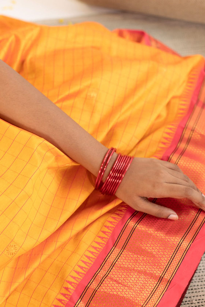 Mustard Yellow with reddish Pink Checkered Gown with zari border | Made To Order
