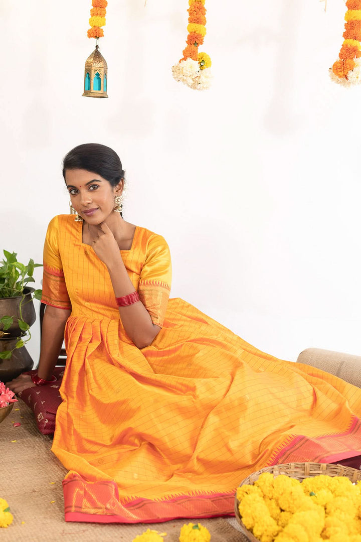 Mustard Yellow with reddish Pink Checkered Gown with zari border | Made To Order