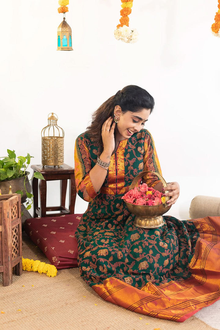 Deep Teal Printed Narayanpet Cotton Gown with Zari detailing | Made To Order