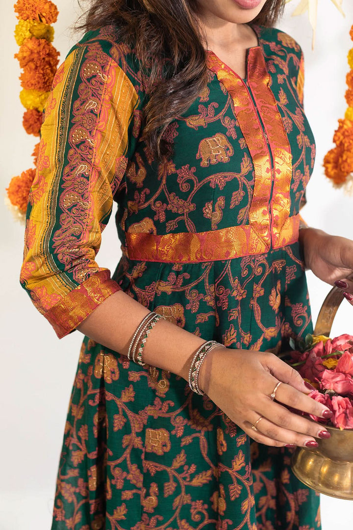 Deep Teal Printed Narayanpet Cotton Gown with Zari detailing | Made To Order