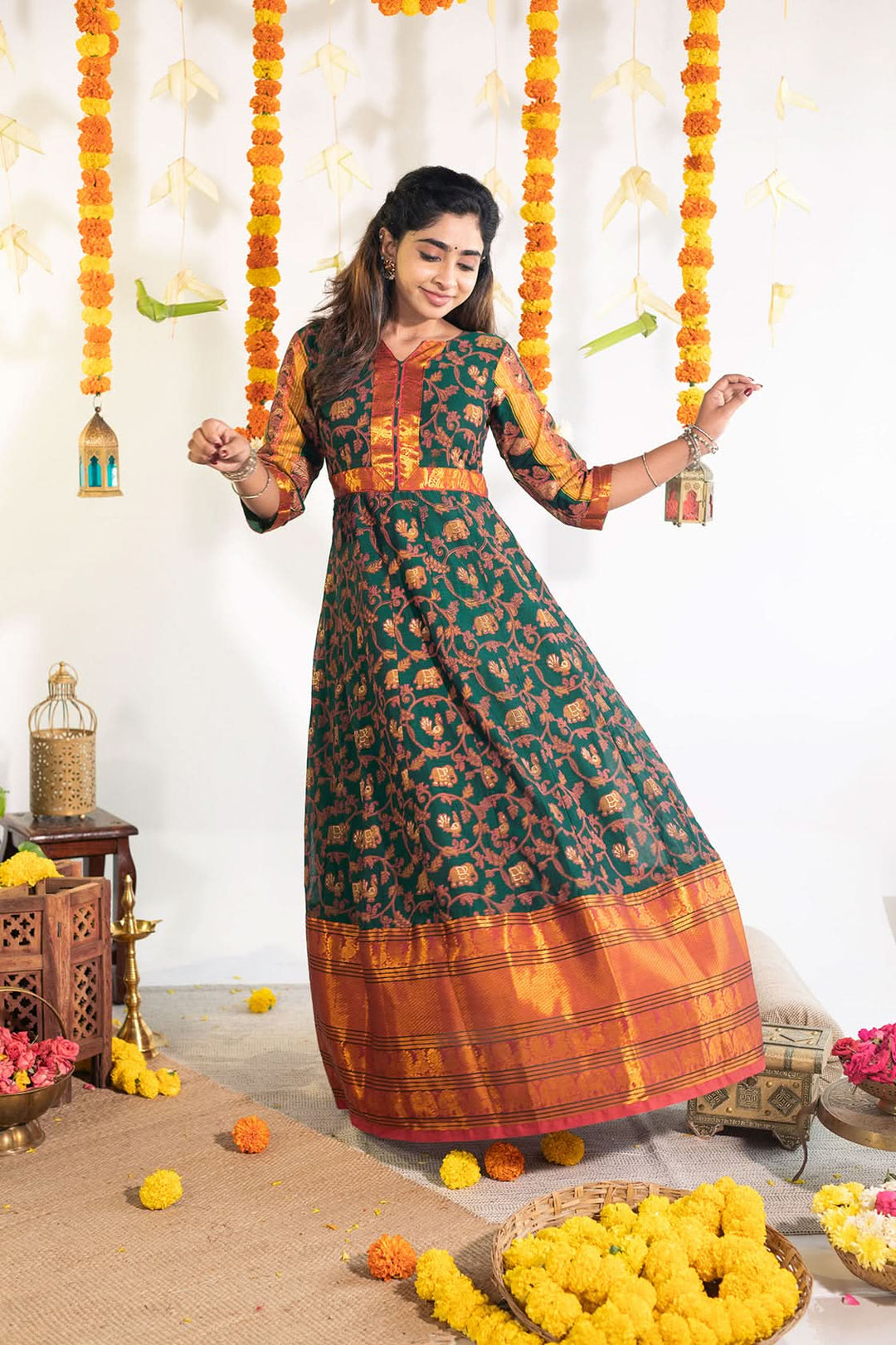 Deep Teal Printed Narayanpet Cotton Gown with Zari detailing | Made To Order