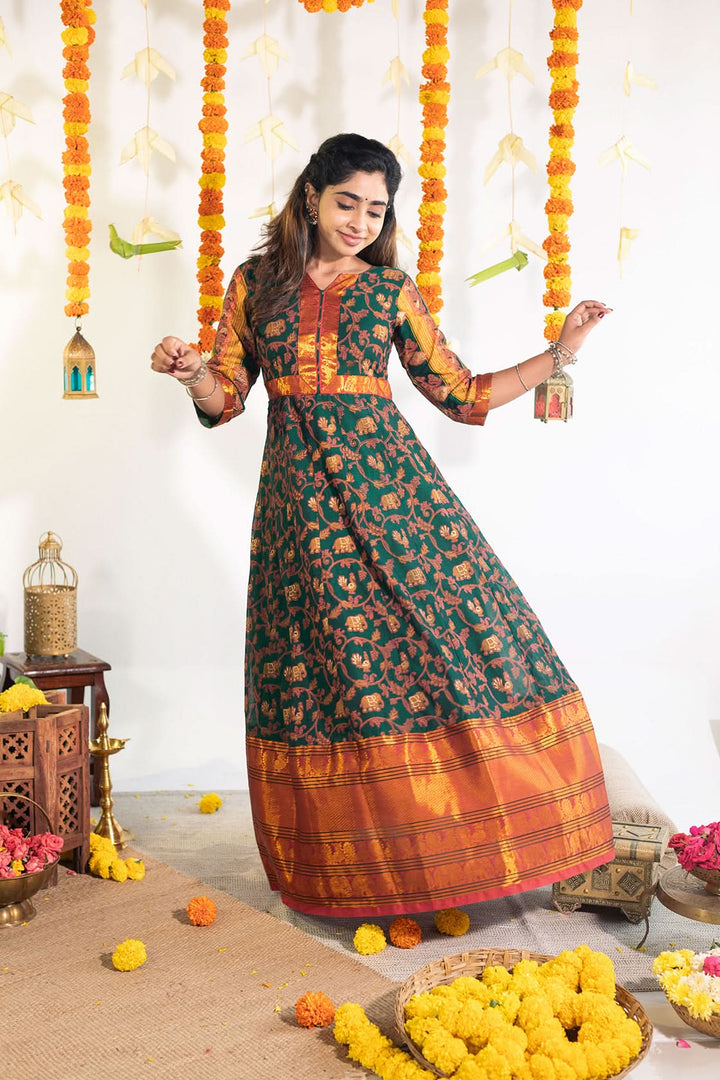 Deep Teal Printed Narayanpet Cotton Gown with Zari detailing | Made To Order