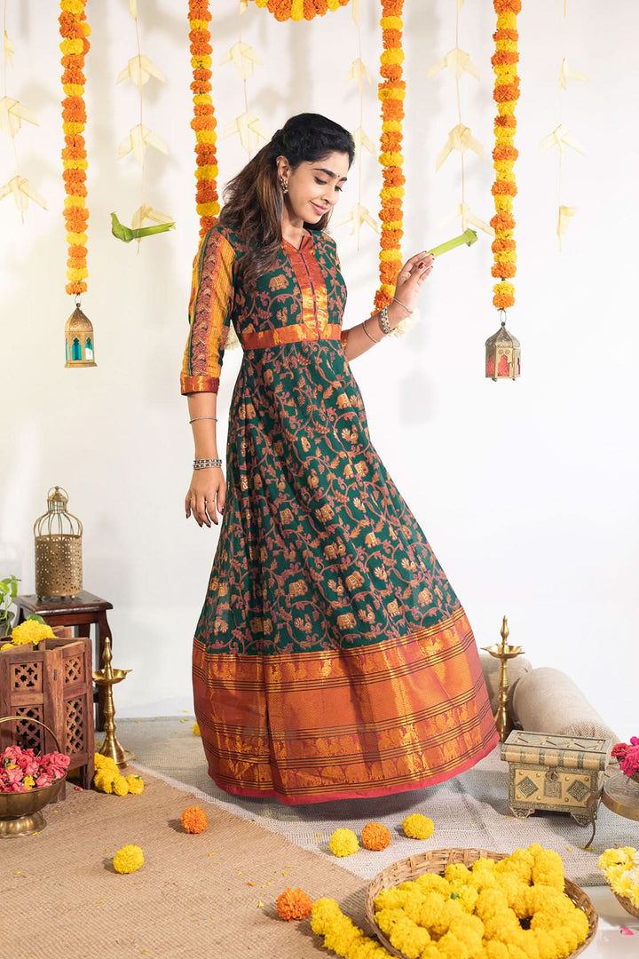 Deep Teal Printed Narayanpet Cotton Gown with Zari detailing | Made To Order