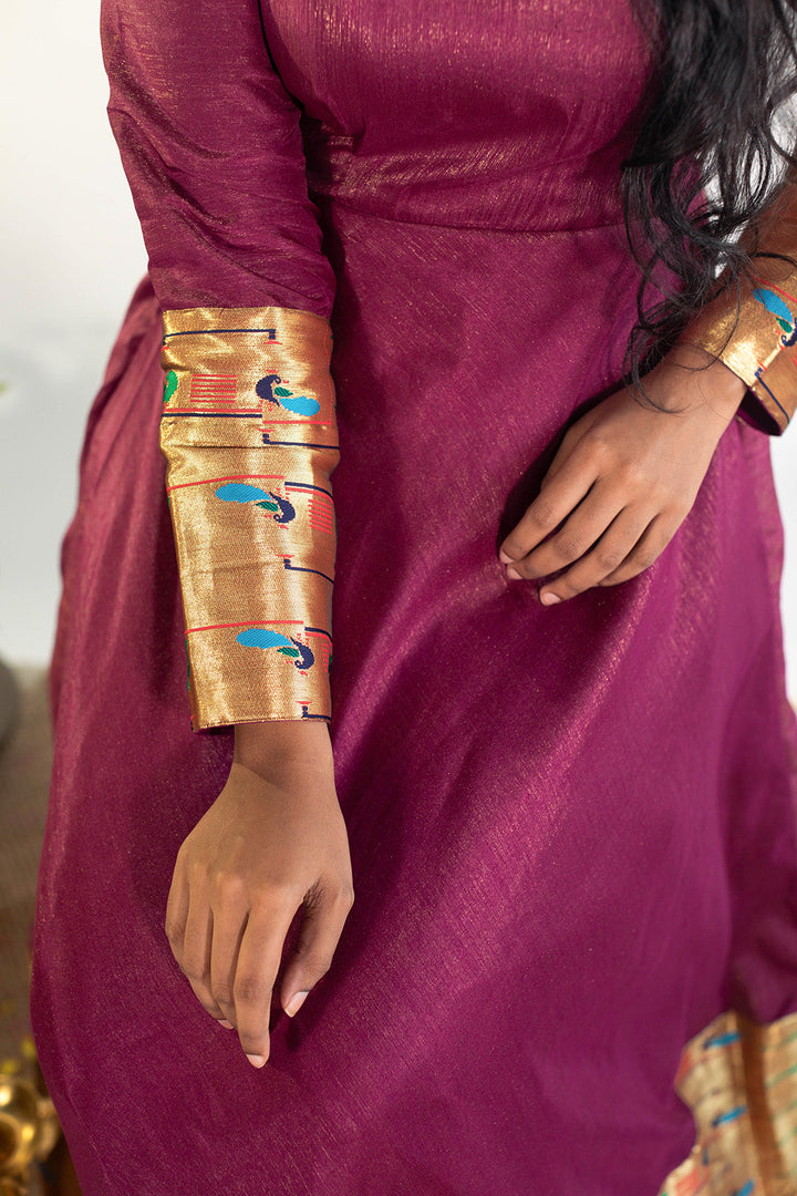 Petunia Shimmer Gown with Paithani Style Borders | Made To Order