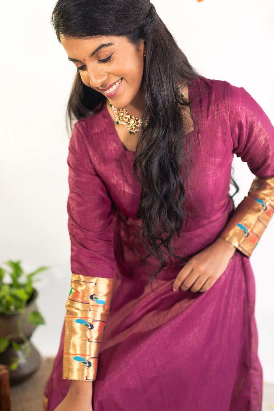 Petunia Shimmer Gown with Paithani Style Borders | Made To Order