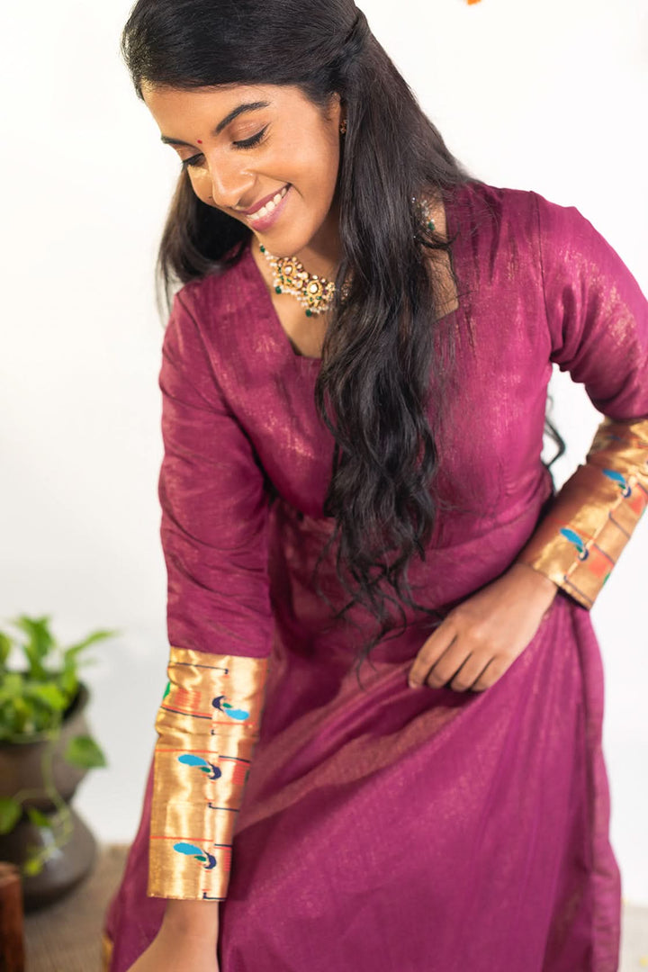 Petunia Shimmer Gown with Paithani Style Borders | Made To Order