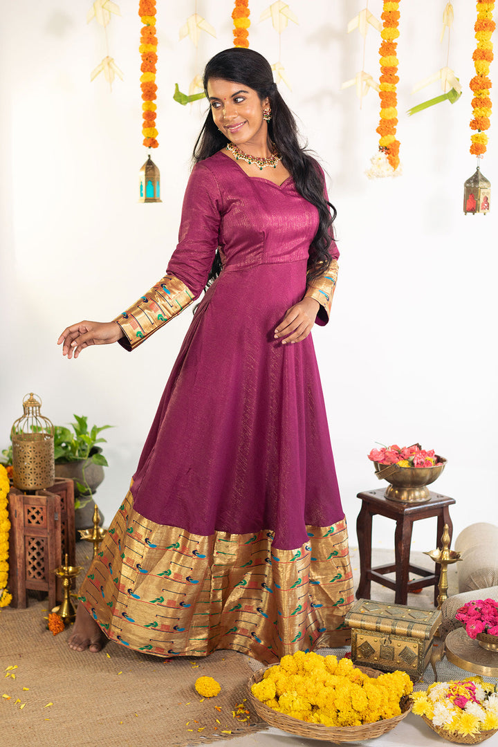 Petunia Shimmer Gown with Paithani Style Borders | Made To Order
