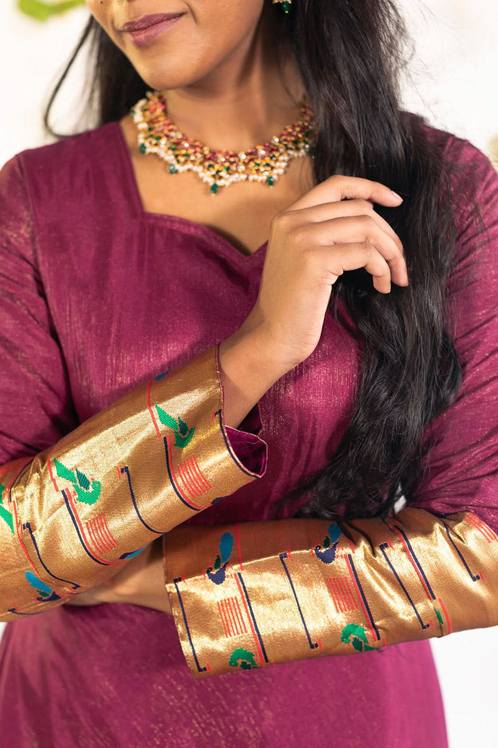 Petunia Shimmer Gown with Paithani Style Borders | Made To Order