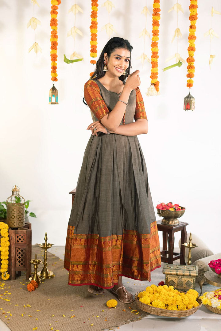 Gray and Reddish Gold Wide Border Narayanpet Cotton Box Pleated Ankle Length  Gown | Made To Order