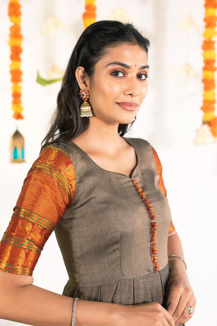 Gray and Reddish Gold Wide Border Narayanpet Cotton Box Pleated Ankle Length  Gown | Made To Order