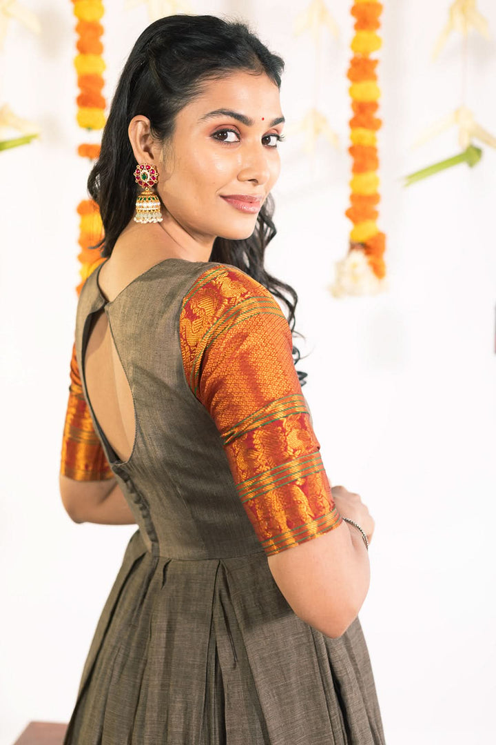Gray and Reddish Gold Wide Border Narayanpet Cotton Box Pleated Ankle Length  Gown | Made To Order