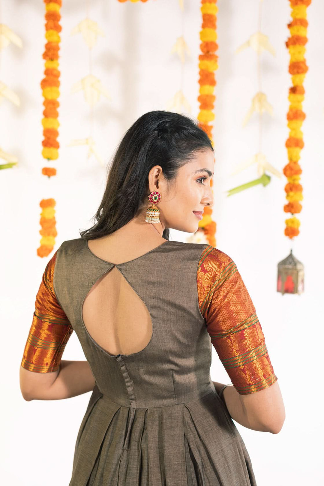 Gray and Reddish Gold Wide Border Narayanpet Cotton Box Pleated Ankle Length  Gown | Made To Order