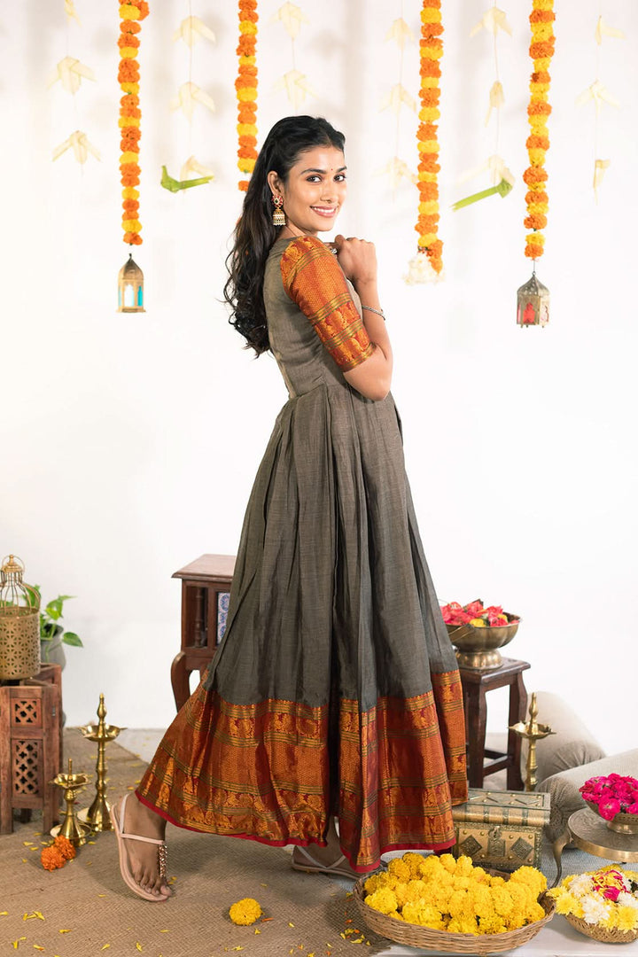 Gray and Reddish Gold Wide Border Narayanpet Cotton Box Pleated Ankle Length  Gown | Made To Order