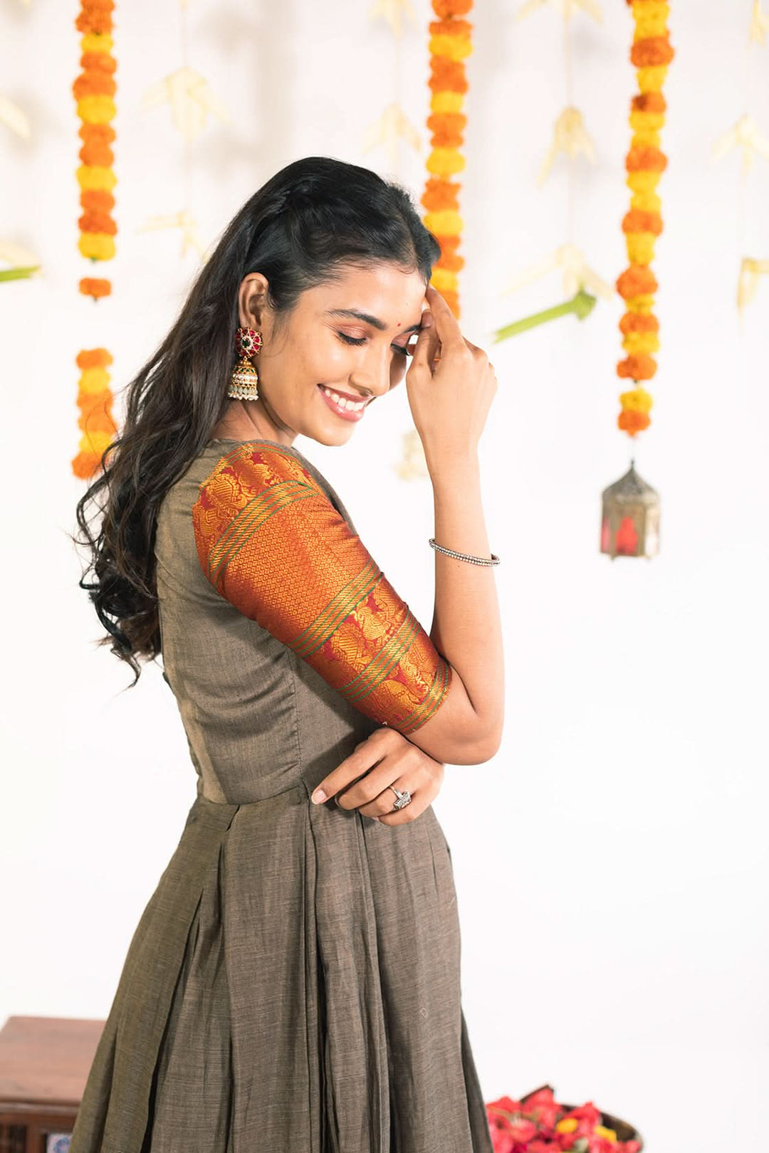 Gray and Reddish Gold Wide Border Narayanpet Cotton Box Pleated Ankle Length  Gown | Made To Order