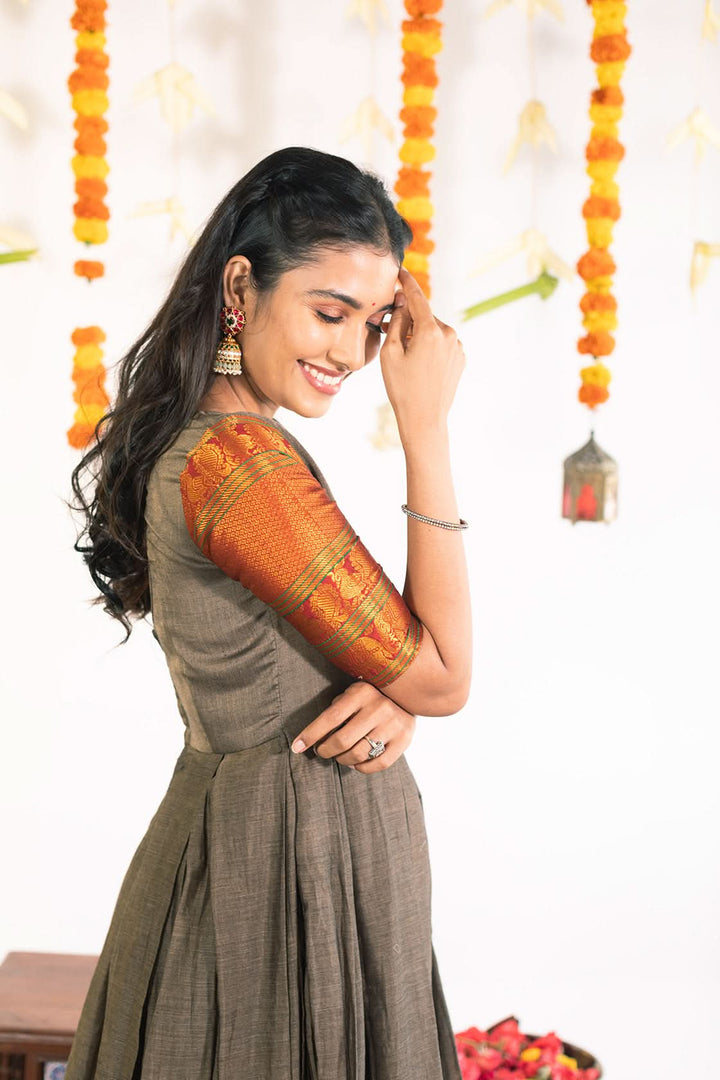 Gray and Reddish Gold Wide Border Narayanpet Cotton Box Pleated Ankle Length  Gown | Made To Order