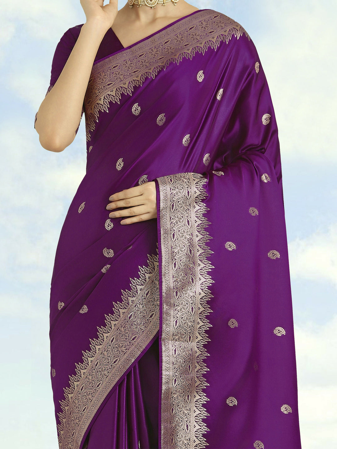 Purple Banarasi Satin Silk Saree With Blouse Piece | SHOBITAM