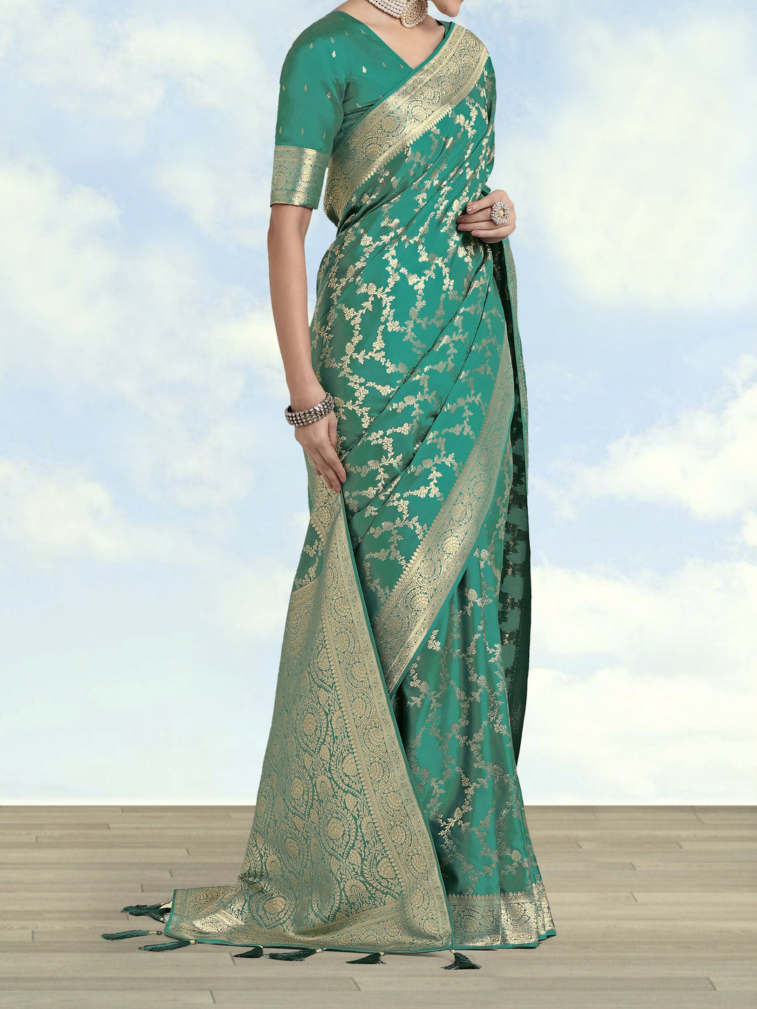 Turquoise Banarasi Satin Silk Golden Meenakari Work Saree |SHOBITAM