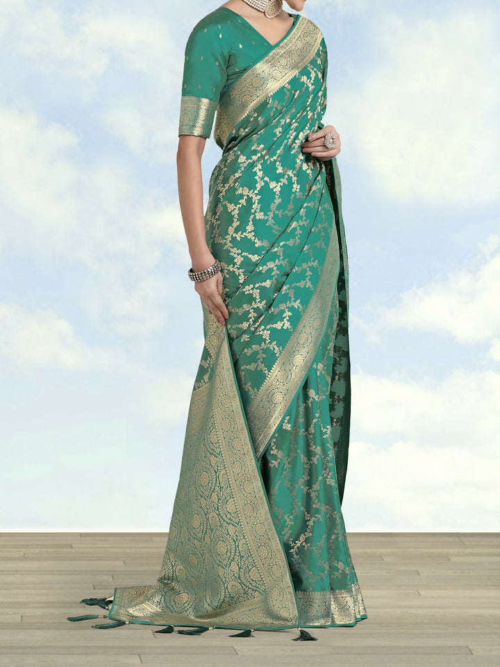 Turquoise Banarasi Satin Silk Golden Meenakari Work Saree |SHOBITAM