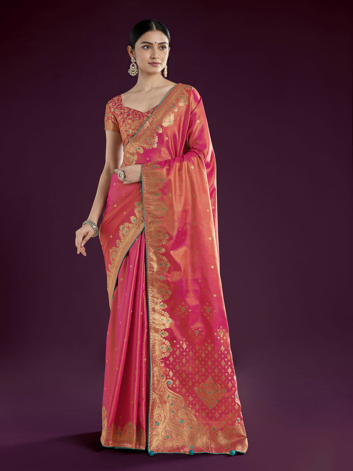 Red Color Paisley Zari Woven Semi Banarasi Tissue Silk Saree  | SHOBITAM