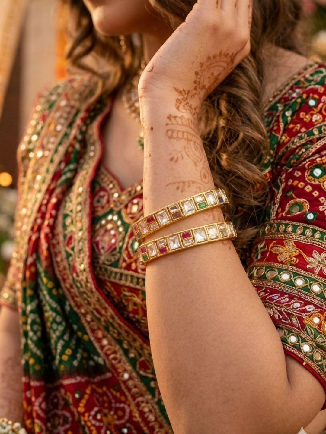 Traditional Gold Plated Silm Square Polki Bangles | SHOBITAM