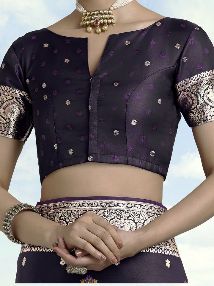Purple Banarasi Zari Woven Satin Silk Saree | SHOBITAM