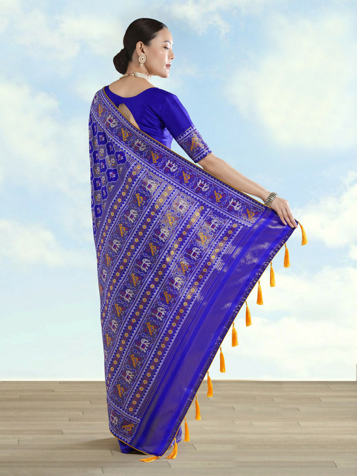 Navy Blue Semi Banarasi Satin Silk Saree With Patola Work | SHOBITAM