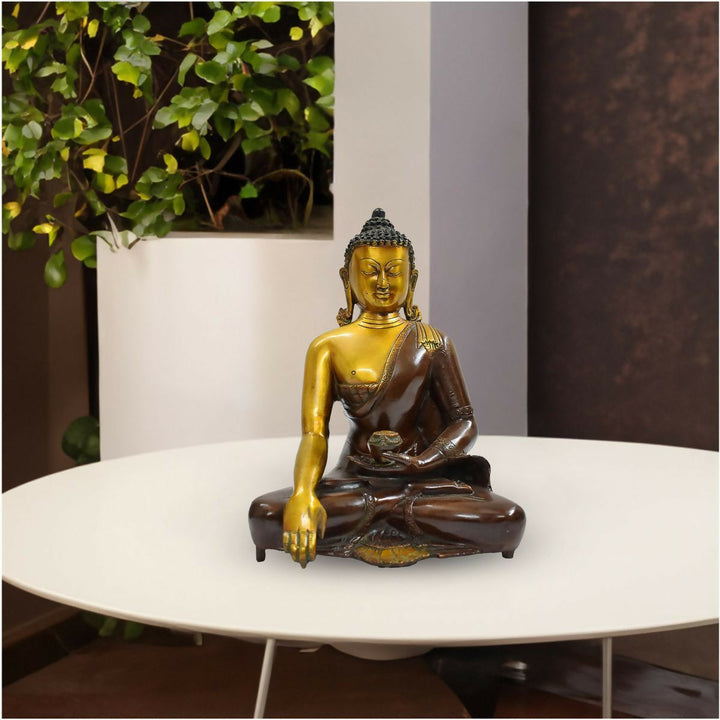 BRASS BUDDHA IDOL WITH ANTIQUE FINISH 11*9*6 | SHOBITAM