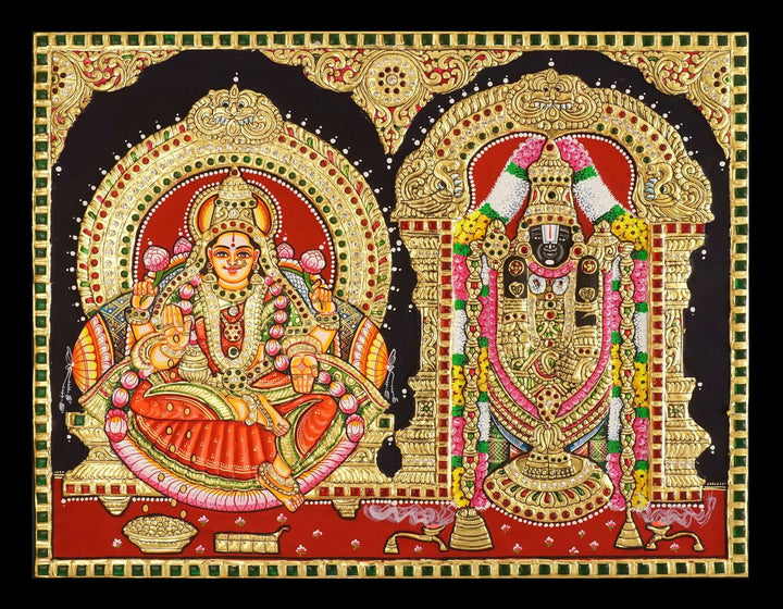 16*20 Authentic TANJORE PAINTING BALAJI SIDE LAKSHMI With 22 Ct gold Foil and Jaipur Gemstones,Unframed | SHOBITAM