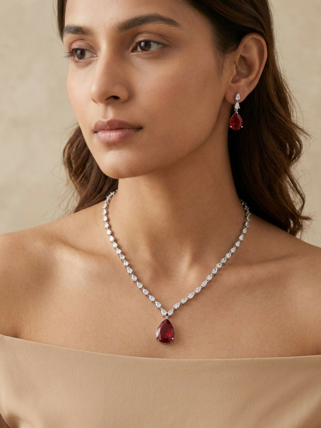 Silver Plated Drop American Diamond Necklace Set | SHOBITAM