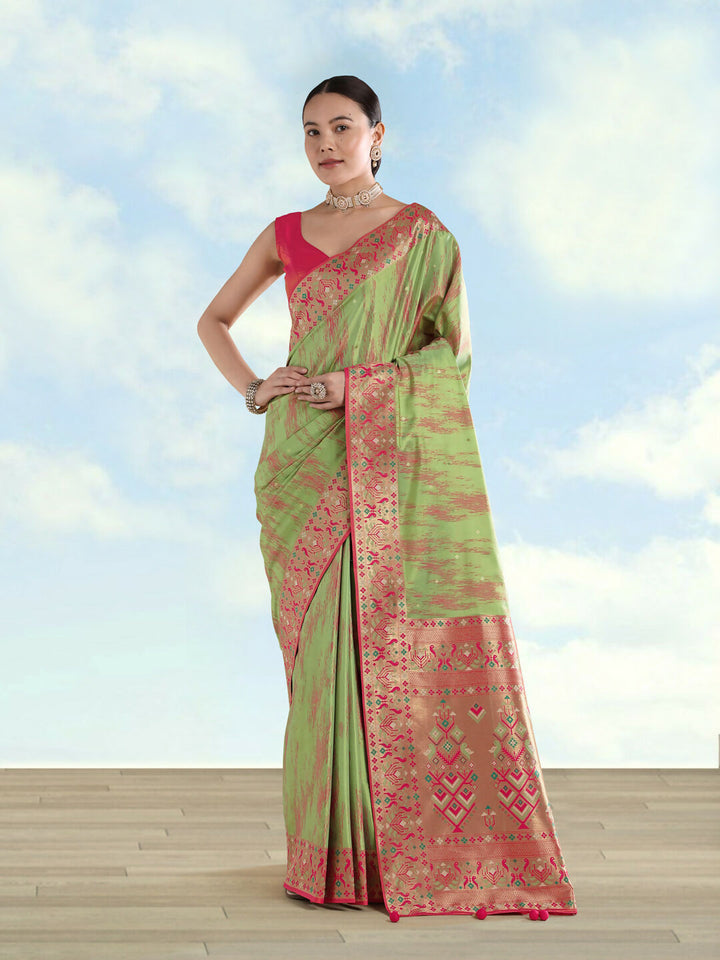 Light Green Color Semi Banarasi Tissue Silk Paithani Woven Saree | SHOBITAM