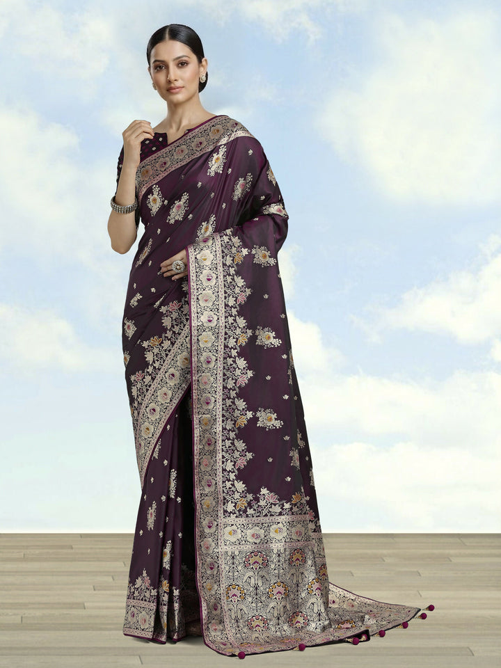 Dark Wine Zari Woven Banarasi Satin Silk Saree | SHOBITAM