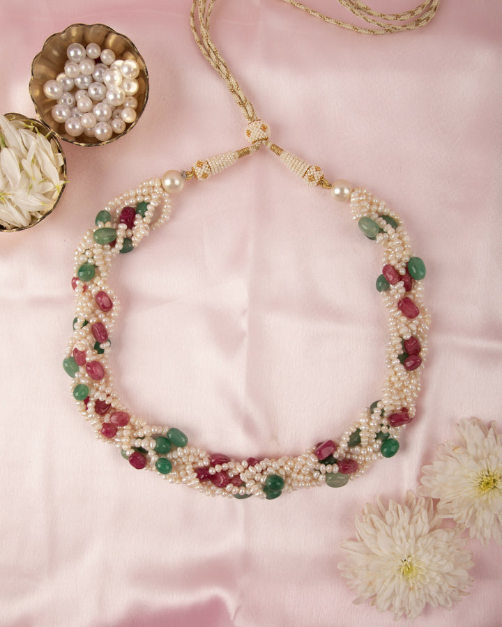 Panna-Gulab Haar, Hand-braided Mala with Natural Pearls | SHOBITAM