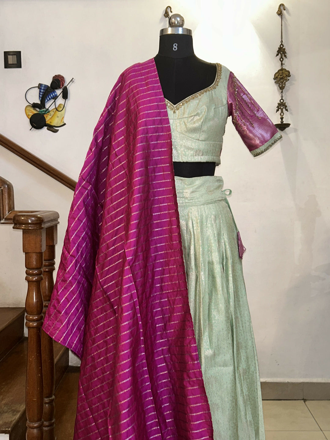 Yuvathi Mint green silk half Saree lehenga set with aari work