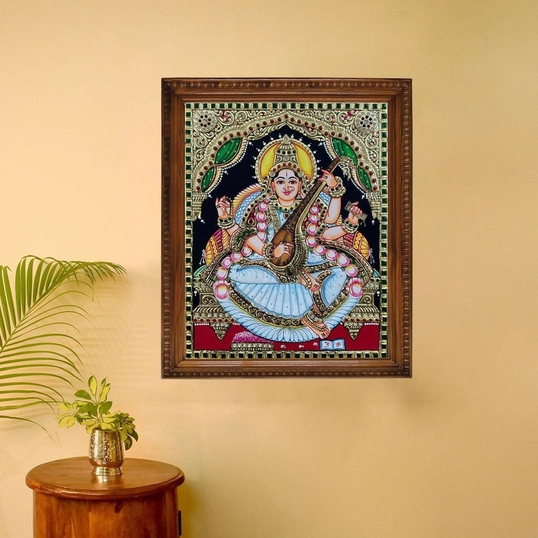 15*12" Saraswathi Tanjore Painting Authentic with 22 Ct Gold Foil and Jaipur Gemstones, Unframed | SHOBITAM