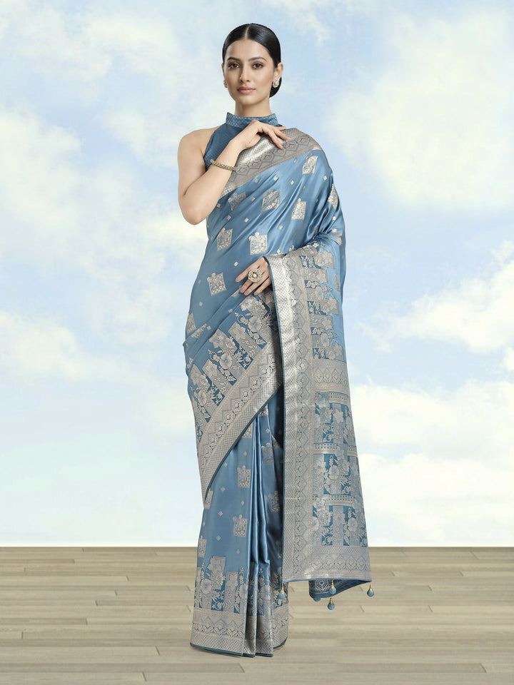 Cyan blue Pink Color Banarasi Satin Silk Zari Weaving Saree |SHOBITAM