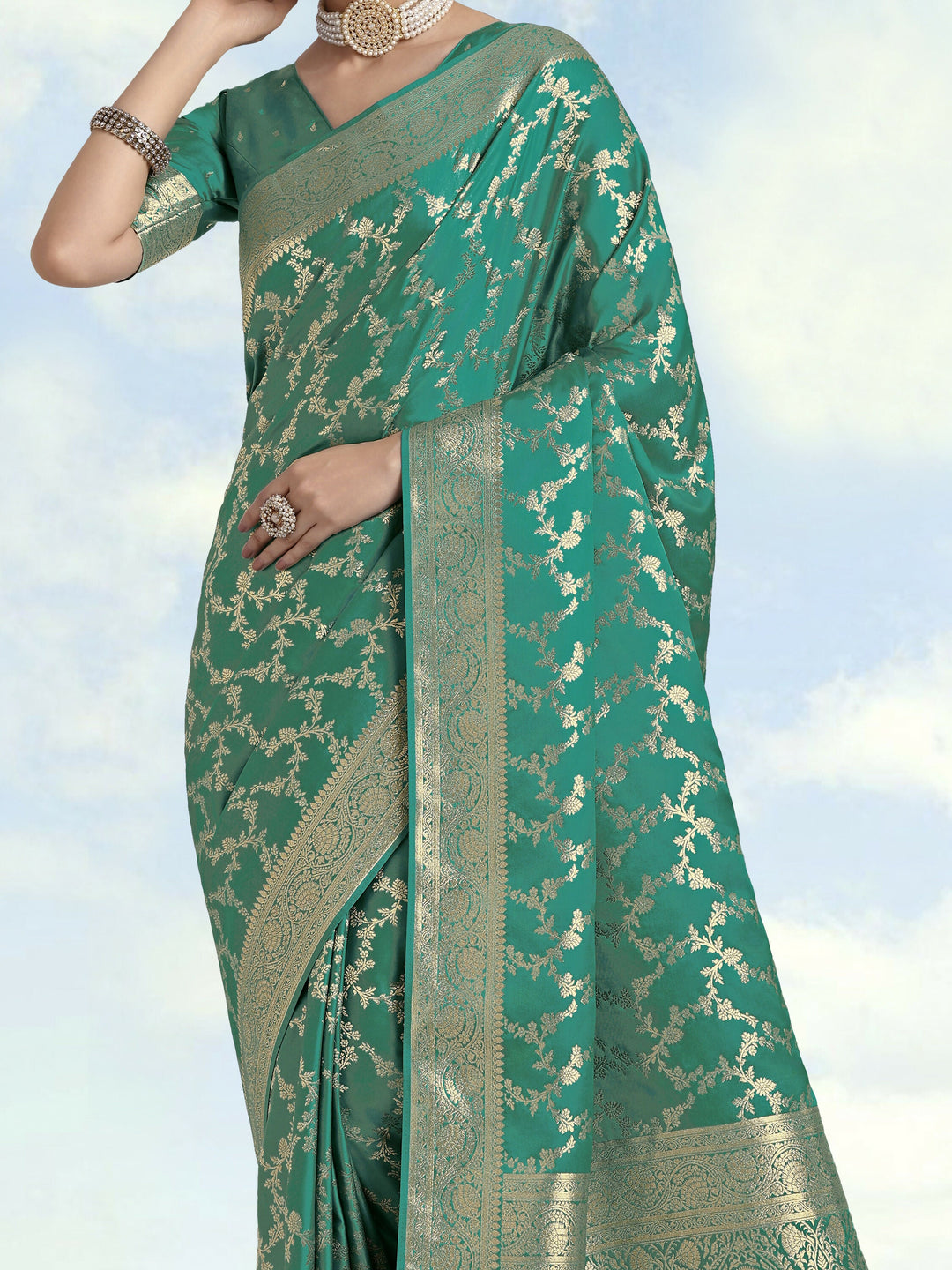Turquoise Banarasi Satin Silk Golden Meenakari Work Saree |SHOBITAM