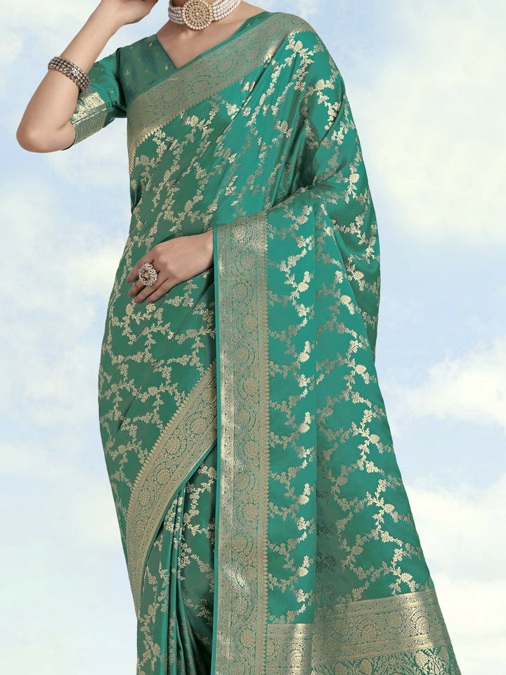 Turquoise Banarasi Satin Silk Golden Meenakari Work Saree |SHOBITAM