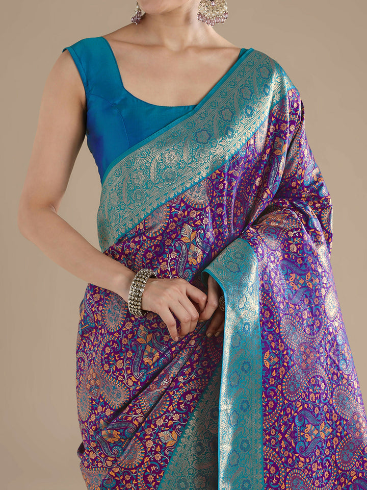 Purple Banarasi Semi Silk Saree With Traditional Paisley Weaves | SHOBITAM